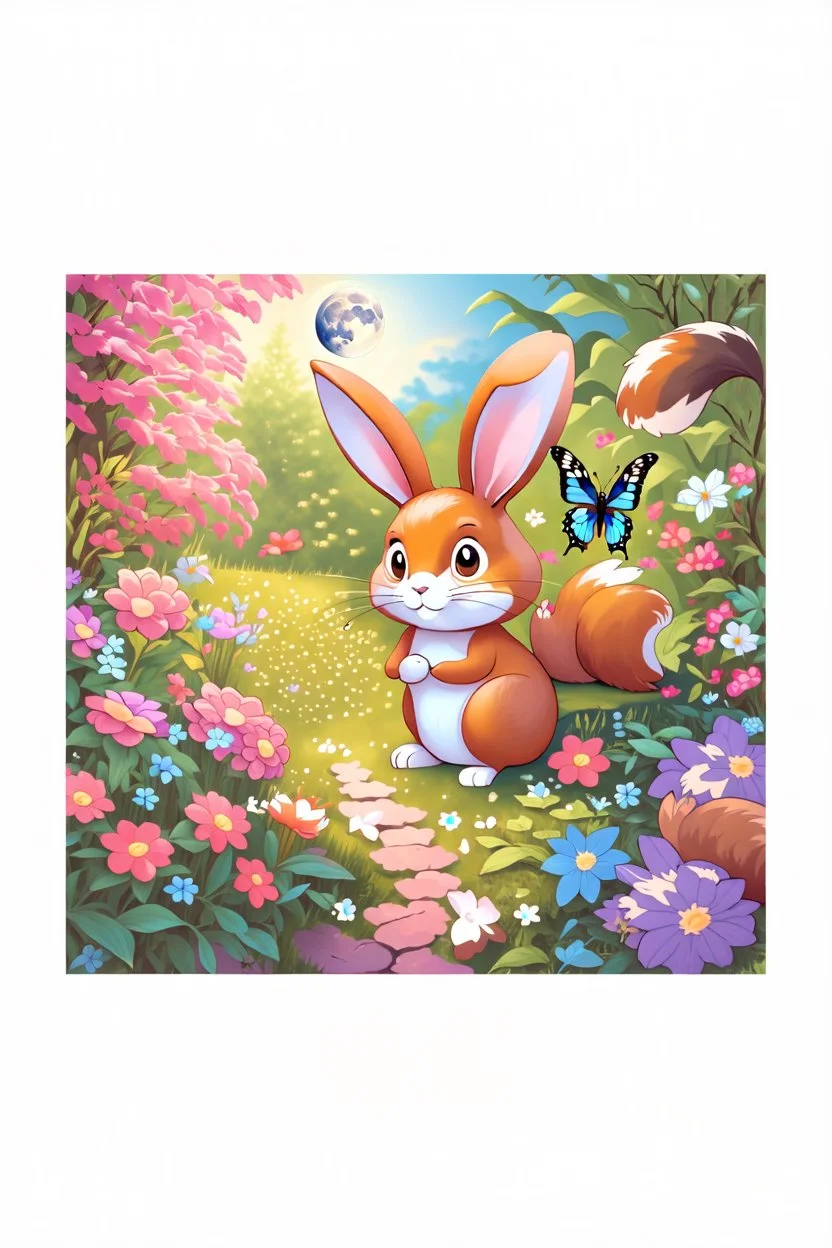 Dark moonlight calmly falling over a piece ful sleeping garden. Blue and white colors in the same style as reference image, the bunny, squirrel and butterfly are sleeping