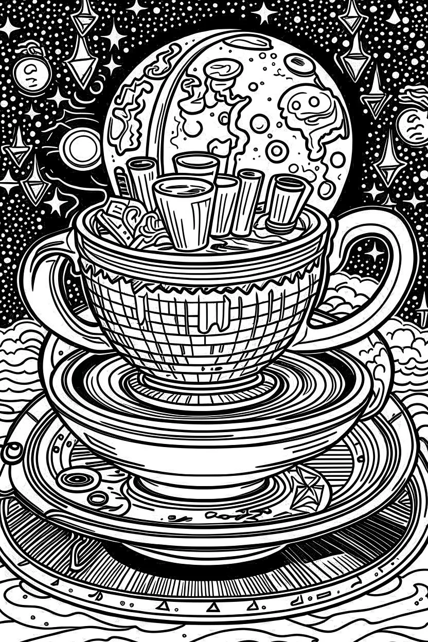 Outline art for coloring page, TEACUP SET ON PLANET MARS, coloring page, white background, Sketch style, only use outline, clean line art, white background, no shadows, no shading, no color, clear