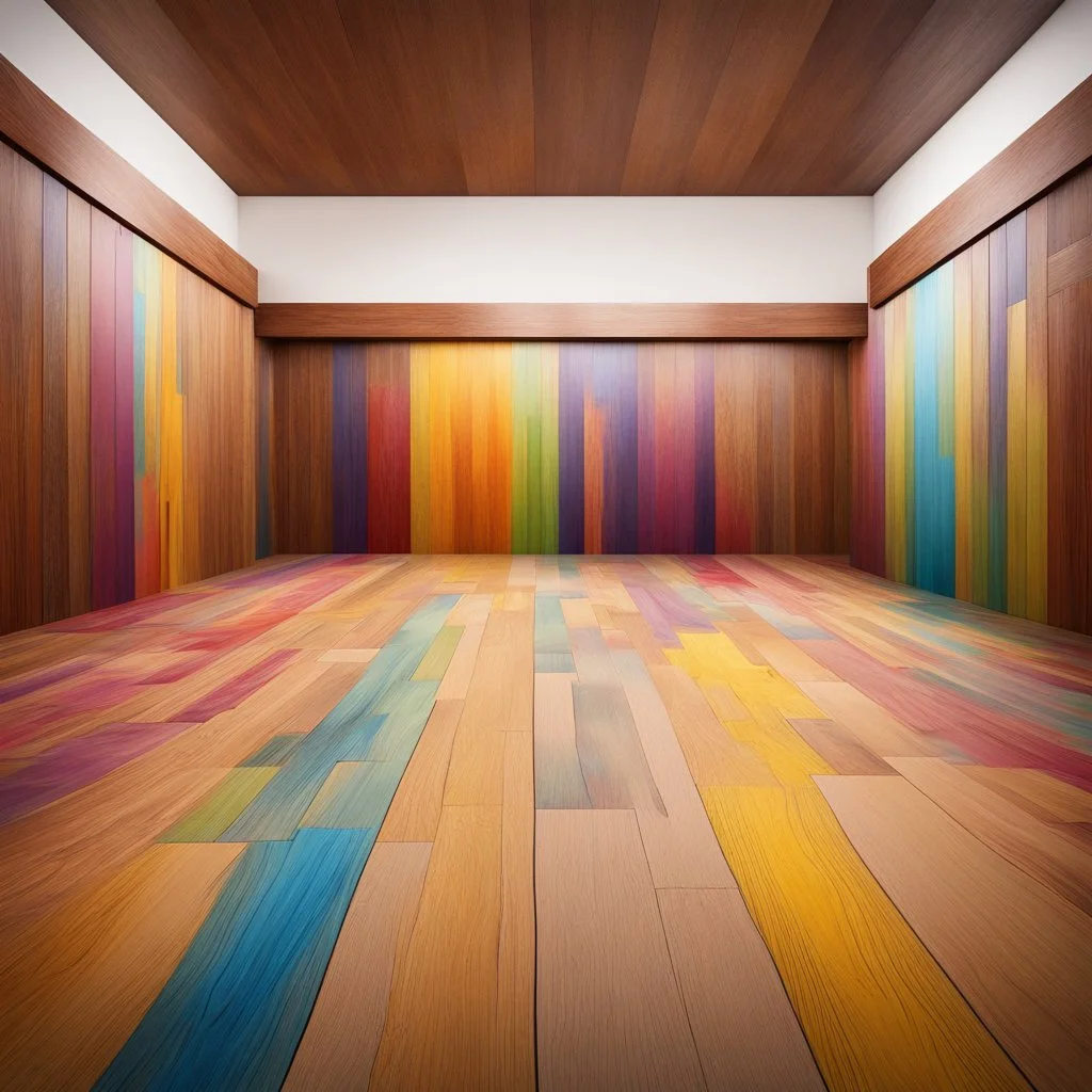 Central Symmetrical View Of A Colorful Wooden Floor & Wooden Wall With Colorful Brush Strokes In An Empty Room.