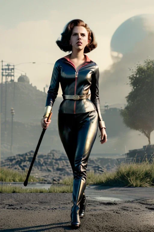 retro portrait image from 1960, explosion background, wind, long hair, young Scarlett Johansson, classic black tight lycra suit, metal stick weapon, gold bracelet and belt, high heel boots, soft color, highly detailed, unreal engine 5, ray tracing, RTX, lumen lighting, ultra detail, volumetric lighting, 3d, finely drawn, high definition, high resolution.