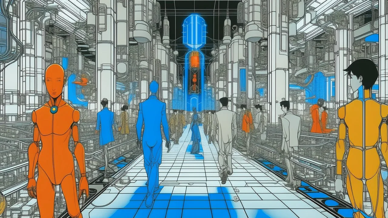 An illustration by Kuniyoshi and and Picasso of tech-people walking inside a futuristic matrix world.