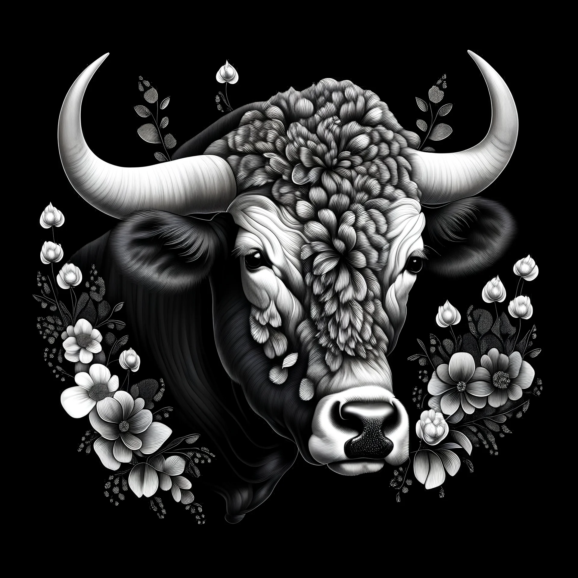 colorless cape buffalo between seeds and flowers black background .black and white colors. for a coloring.