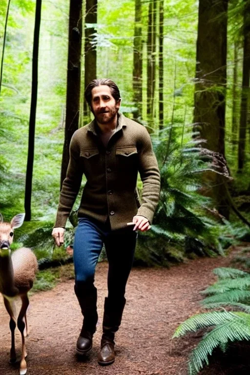 Jake Gyllenhaal as a mystical forest nymph in the woods raising a baby deer as his own high quality