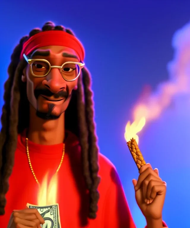 Snoop Dogg, burning cigar with dollars, jungle background, hyper realistic