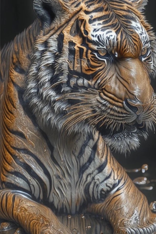 a hyper-realisitc tiger melting like wax, hyper-realistic natural form, full body, highly detailed melting details, emotional expression, detailed emotions, hyper detailed melting of the animal to the ground, engraved fur details, anatomically correct animal, dark colour tone, epic colour treatment, cinematic colour treatment, meticulously intricate perfectly symmetrical extremely detailed, pixiv daily ranking, pixiv, extreme depth of field, artstation, sculpture style, spec