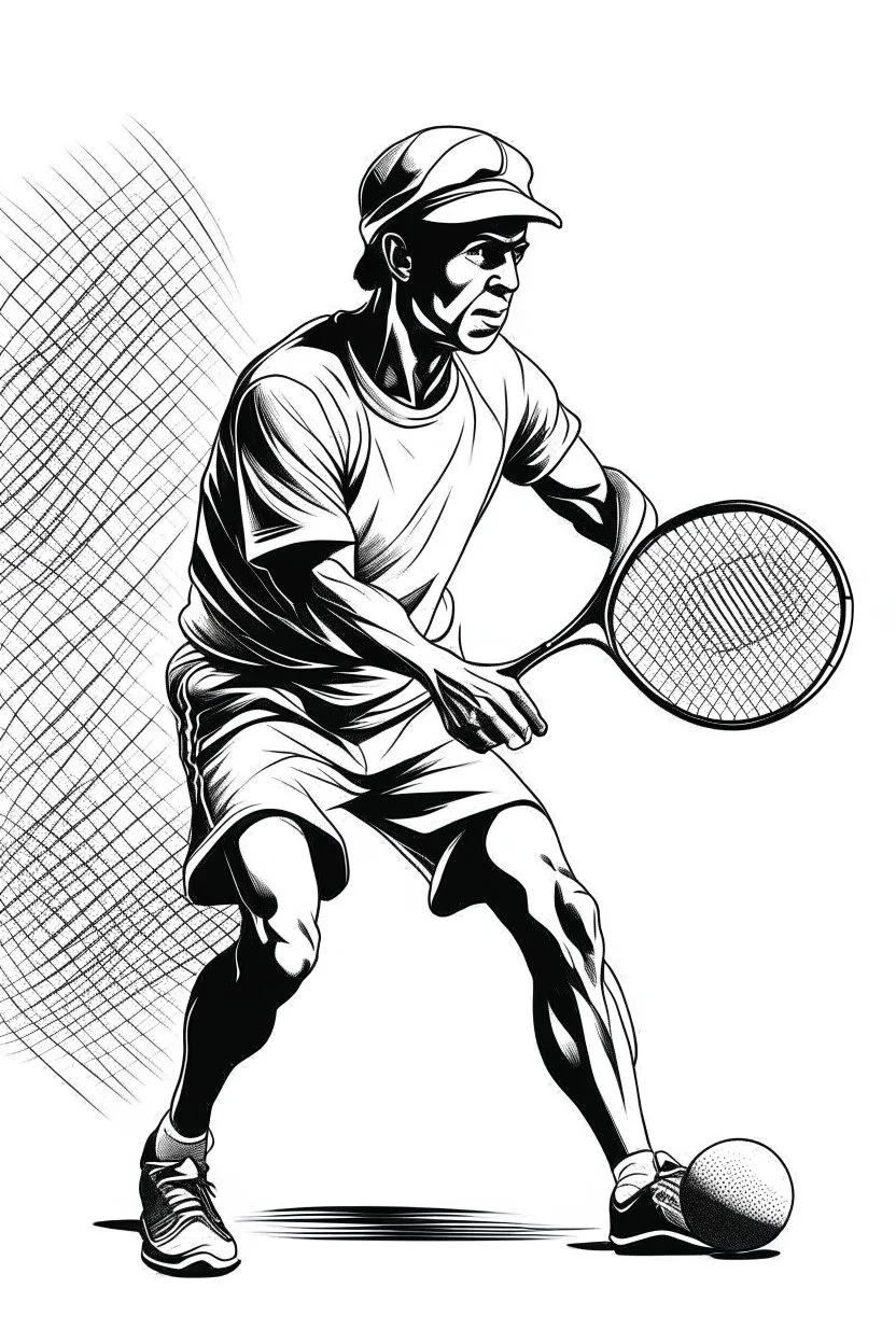 A black and white image of a classic tennis player performing a backhand swing on a grass court. Style: Vintage Photography, Mood: Timeless and Skillful, Lighting: Sunlight with soft shadows, T-shirt design graphic, vector, contour, white background.