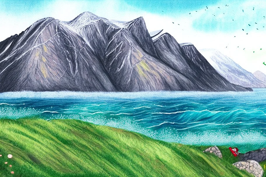 Colored pencil drawing of Norway, mountains, ocean, nature.