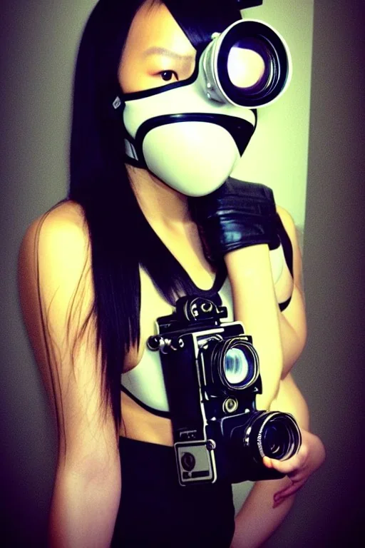 Cyber-punk style camera-mask. Large fencing mask covers cheeks. Trim girls. Reflective white plastic skin. Camera lenses as eyes. Head full of integrated old-fashioned cameras. Golden to cyan surfaces body, latex. Perfect body, thick thighs and calves. Asa Akira. Selfies with old-fashioned cameras in both hands. Wide hip, skirt bleats nicely. Camera at mons veneris and nipples. Partly symmetrical. Three Cameras hanging on wide plastic belt. Euclidean 3D-tiling. Fractal-camera-lens.Minimalism