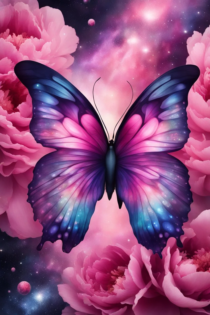 Experience a visually stunning butterfly, rendered in peony tones and complemented by a mesmerizing abstract universe that will leave you in awe