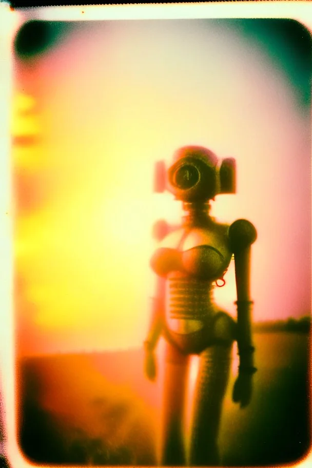 steampunk, vintage analog polaroid of a woman robot, female body, fog, lomography, heavy film grain, sunset, color bleed, depth of field, bokeh, retro