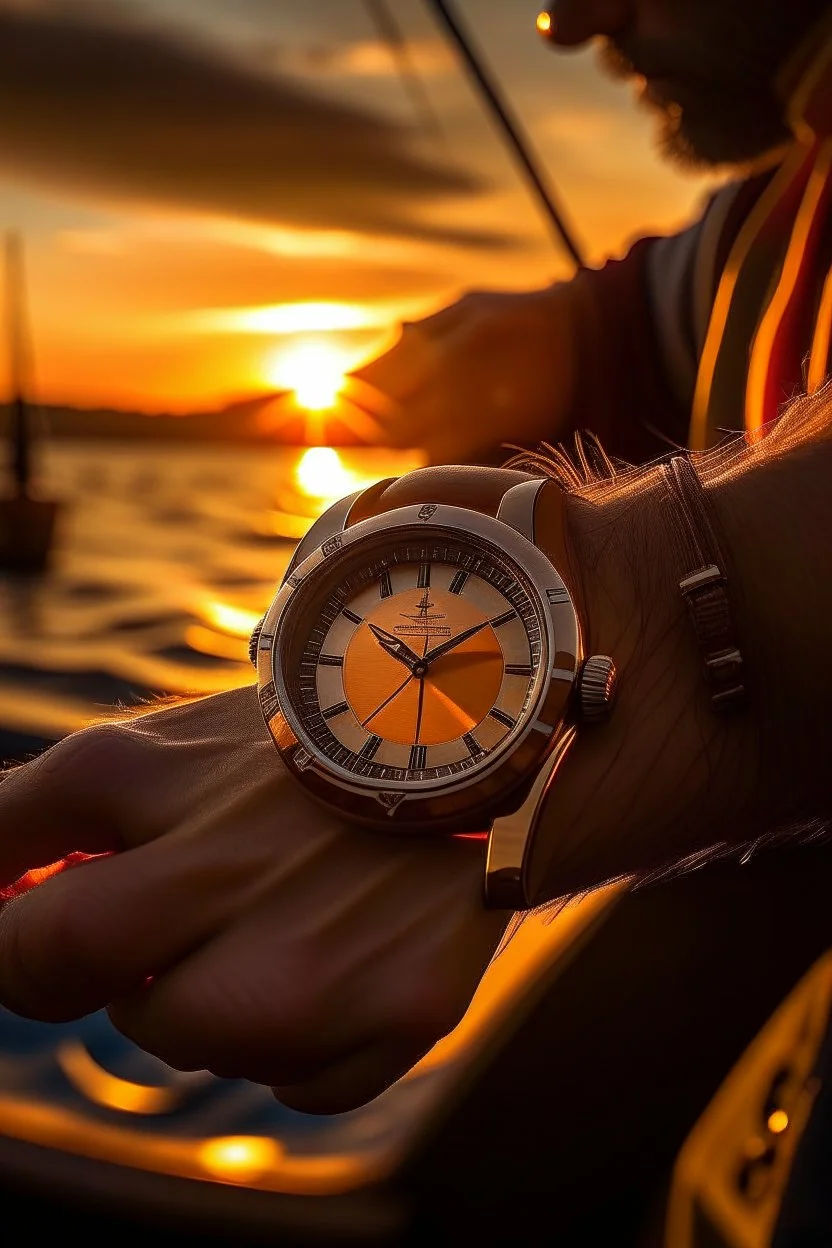 Create a picturesque image of a sailor enjoying a sunset sail, with the best sailing watch capturing the warm hues of the setting sun. Highlight both the watch and the serene beauty of the sailing environment.