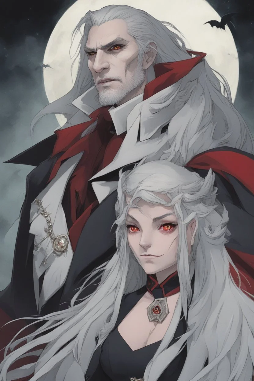 Vampire count Strahd Von Zarovich has long black hair and red eyes, with a woman with white hair