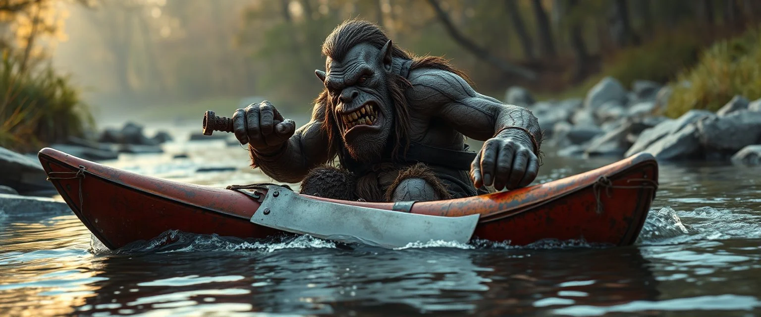 ancient ogre troll machete in kayak in stream