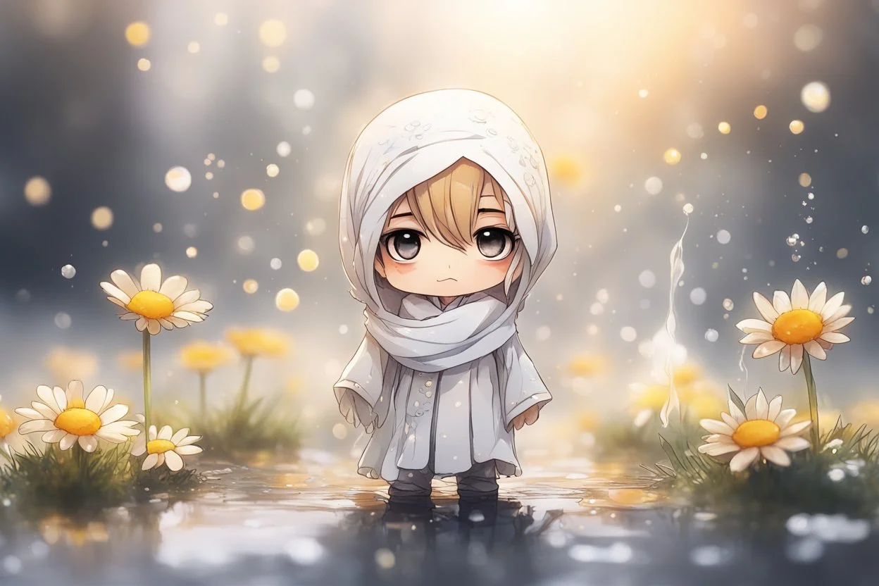 cute chibi anime sheikh, daisy flowers, mist, melting watercolor and black ink outlines on wet paper, soft, shading strokes, in sunshine, ethereal, otherwordly, cinematic postprocessing, bokeh, dof