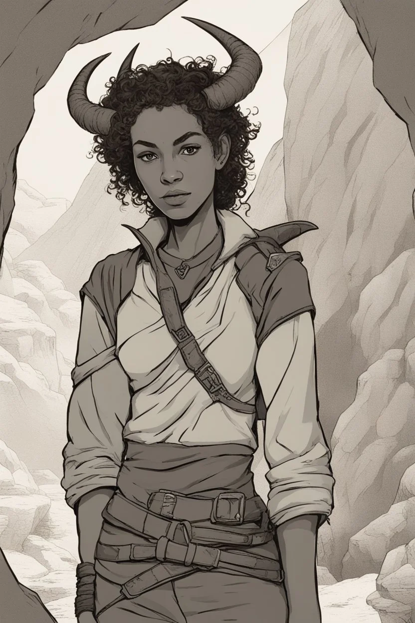 A DnD character. A female horned Tiefling ranger with pointy ears standing in a cave. The Tiefling has curly hair and a little pterosaurs on her shoulder.