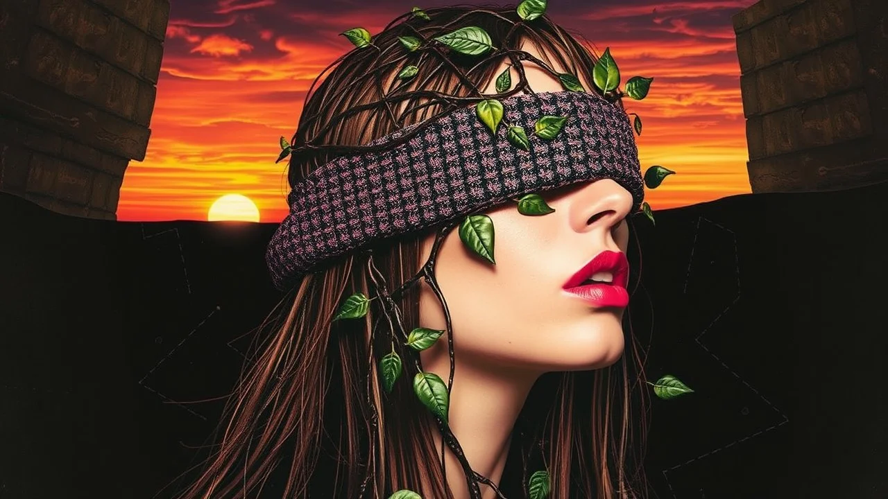 Abstract Art, Collage, Thomas Ligotti, Mannequin World, In Space They Can't Hear You Scream, Dave McKean, Inspired by Zdzislaw Beksinski's Nightmarish Paintings, Wassily Kandinsky, Double Exposure, Sunset, Gnostic Tragedy, Sinister, Woman, Long Hair, Made of Glitter Texture, Blush, Blindfolded, Vine Design, Surreal, Futuristic, Black Open Background, Peach Skin, Leafy Textures, Shiny Plastic, Organic Aesthetics, Rose Red Tint, Green Leaves, Alien Design, Mutant Structure, Red Mouth, Bizarre Aest