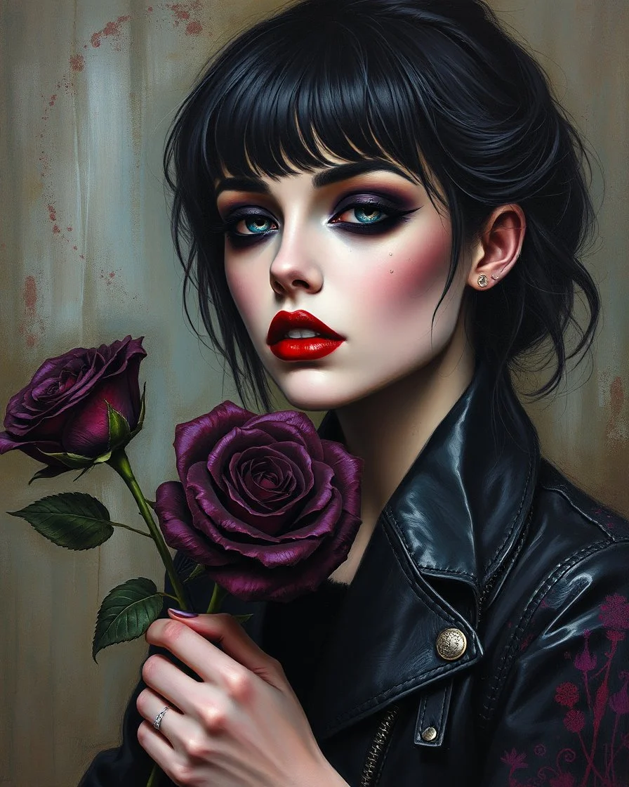 painting of a woman gothic style make up and leather jacket holding a dark purple rose , surrealist painting, surrealist artwork, emotional bsurrealist art, abstract surrealist, a surrealist painting, surrealist art , abstract surrealism, abstract surrealism masterpiece, surreal painting, contemporary surrealism, magically shaped surrealism