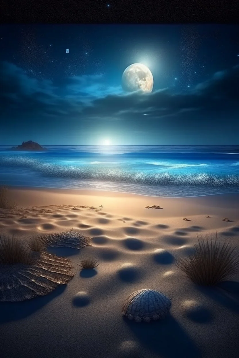 magic sea, beach with sand, shells, realistic, professional photo, 4k, top view, cosmic sky, stars, full moon, milki way