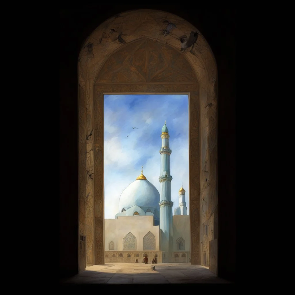 white background , jamkaran mosque in Iran has more blue green color and gold for pattern islamic in the dome . one big domes with beautiful lighting . white Daffodil flower in the floor , clouds with small birds in sky with crescent moon of ramdan . painting watercolor ,simple and islamic style , Painting like Vincent van Gogh style