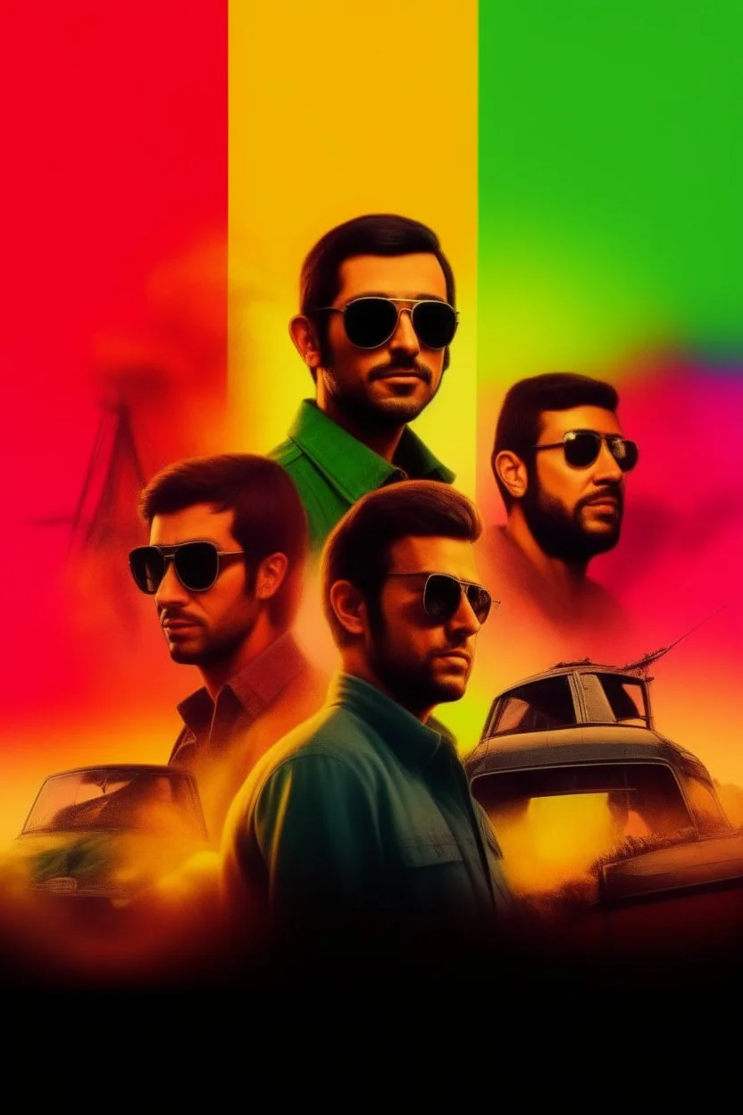 A poster of an arab movie, featuring a lot of arabs with sunglases, explosions, cars. The movie poster is in the style of indiana jones. Theres is a big title, rainbow colors. Takistan life, alpacino.