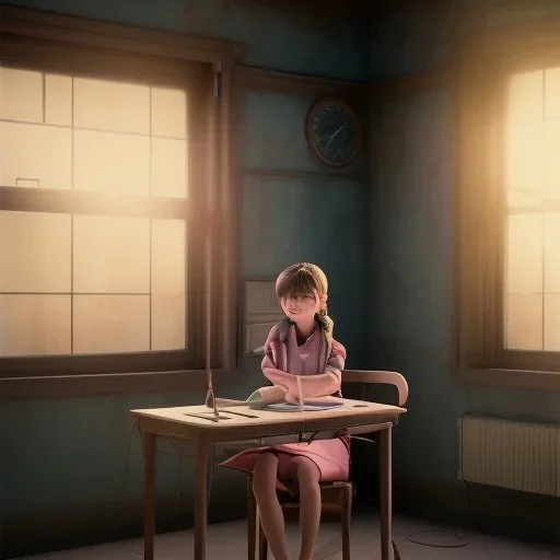 Study girl in classroom by he window ,movie, real photo realistic, unreal engine, cinematic lighting --ar 1:1 creative