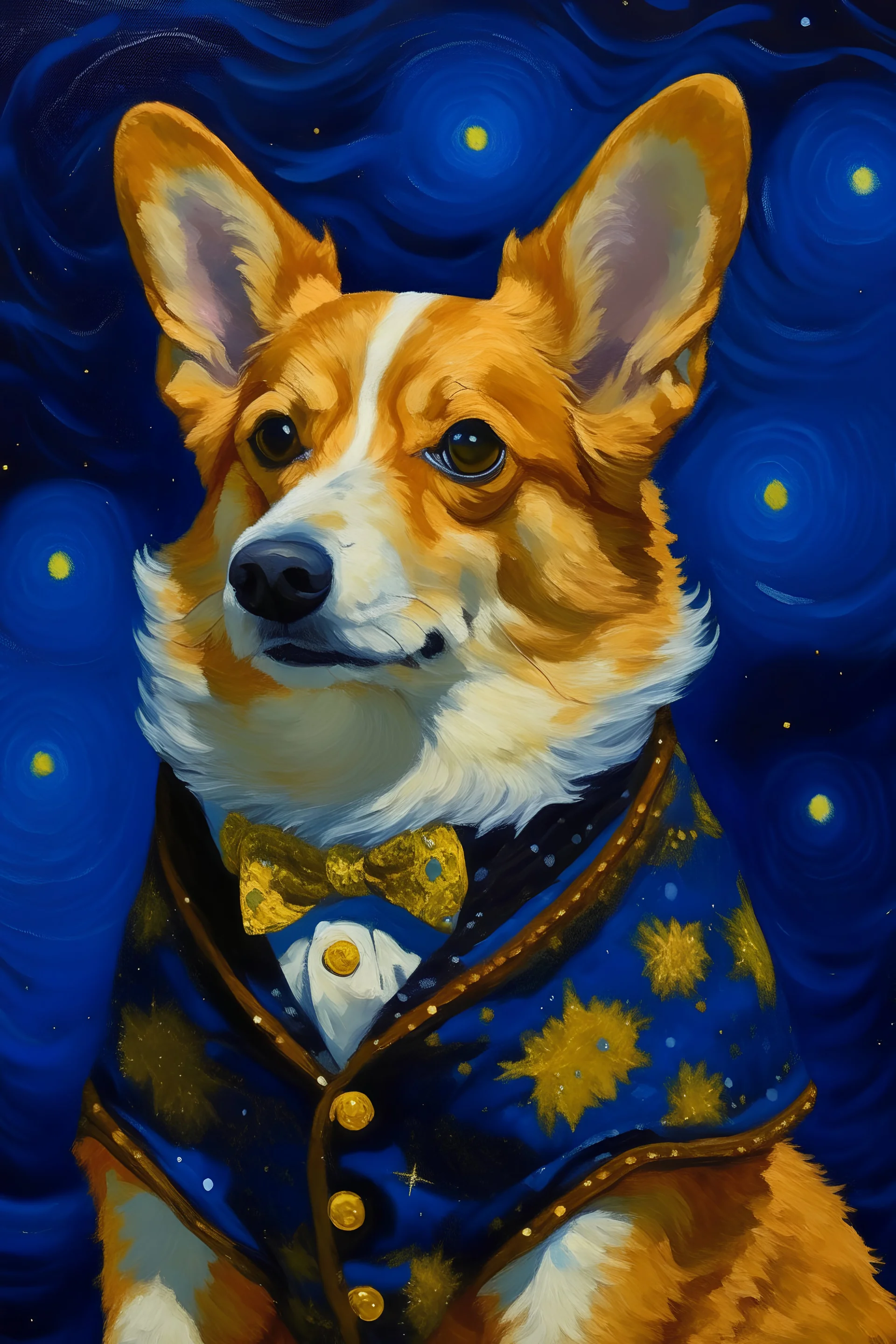 Portrait of a corgi in victorian clothing in the style of a starry night by vincent van gogh