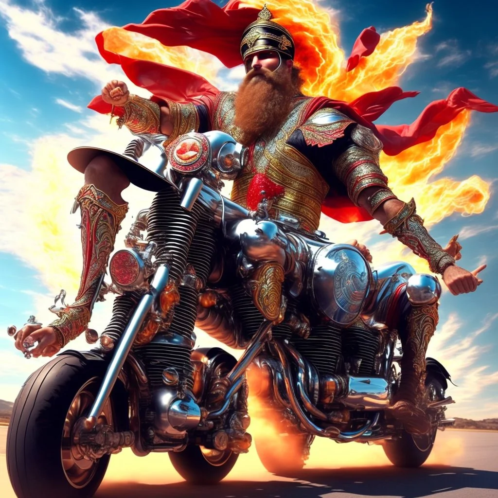 Kebab Man mounted his holy motorcycle, the engine roaring to life with divine power. With a final glance at the celestial realms, he sped down to Earth from heaven, ready to begin his quest.