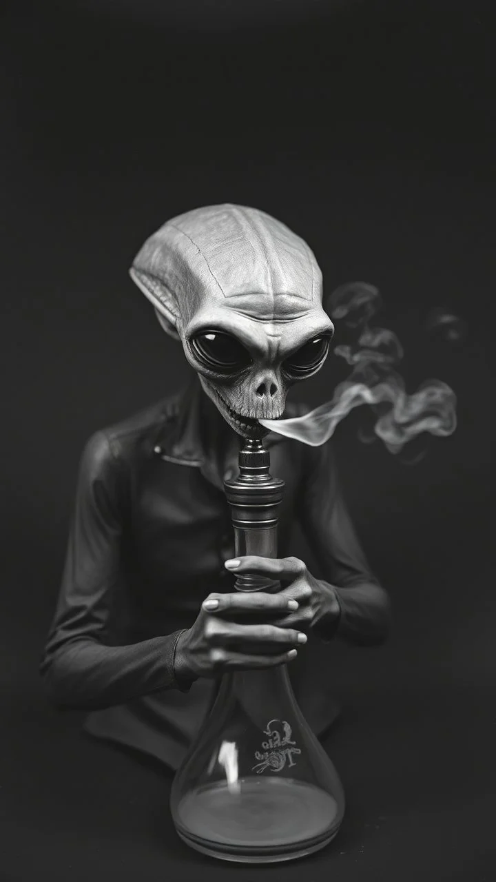 Get An old picture style of black and white mono very bad quality looks very old camera picture of an alien smoking from a hookah , all white background , year 1900
