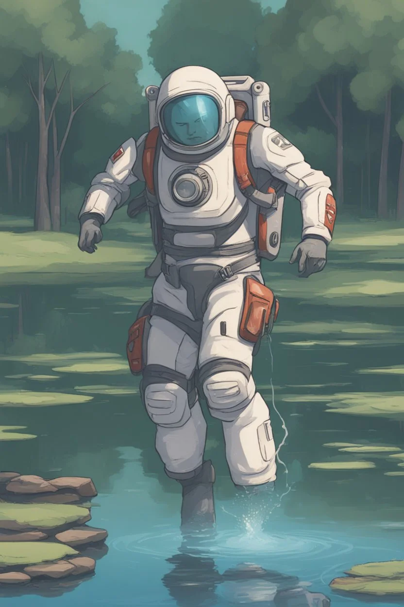 [scifi] A man in jetpack around a pond