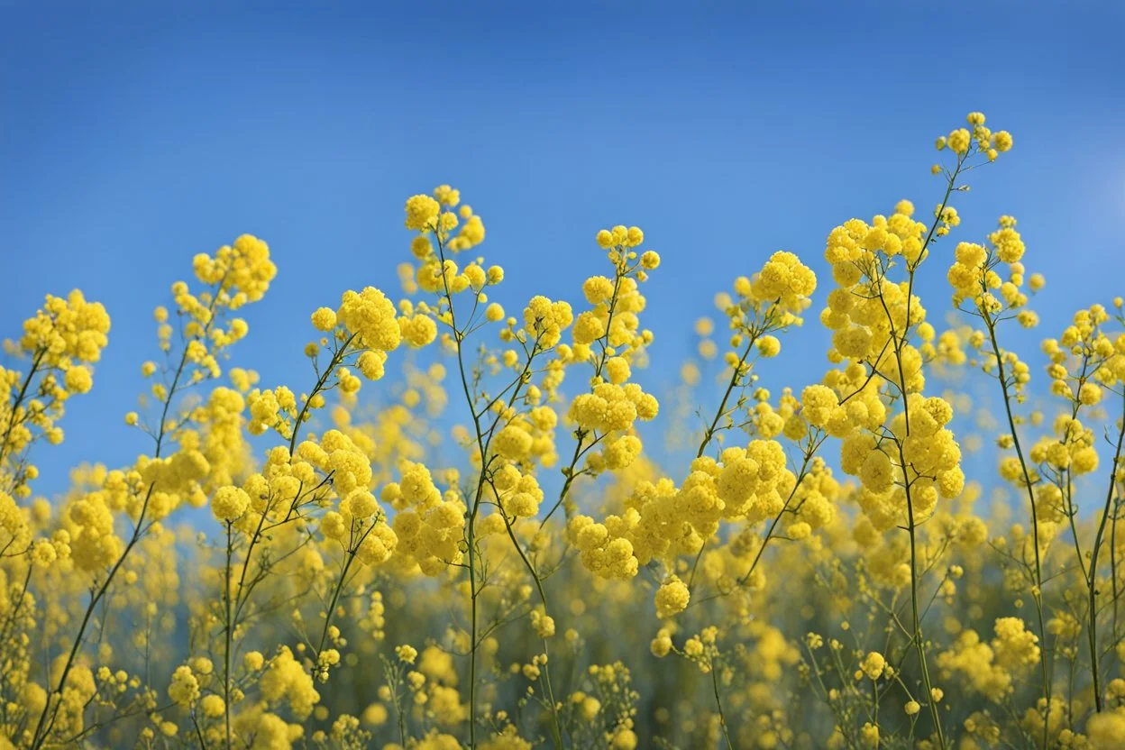 clear blue sky for top half, across Middle is canola flowers with canola stems branches and leaves below, rapeseed sharp focus, realistic