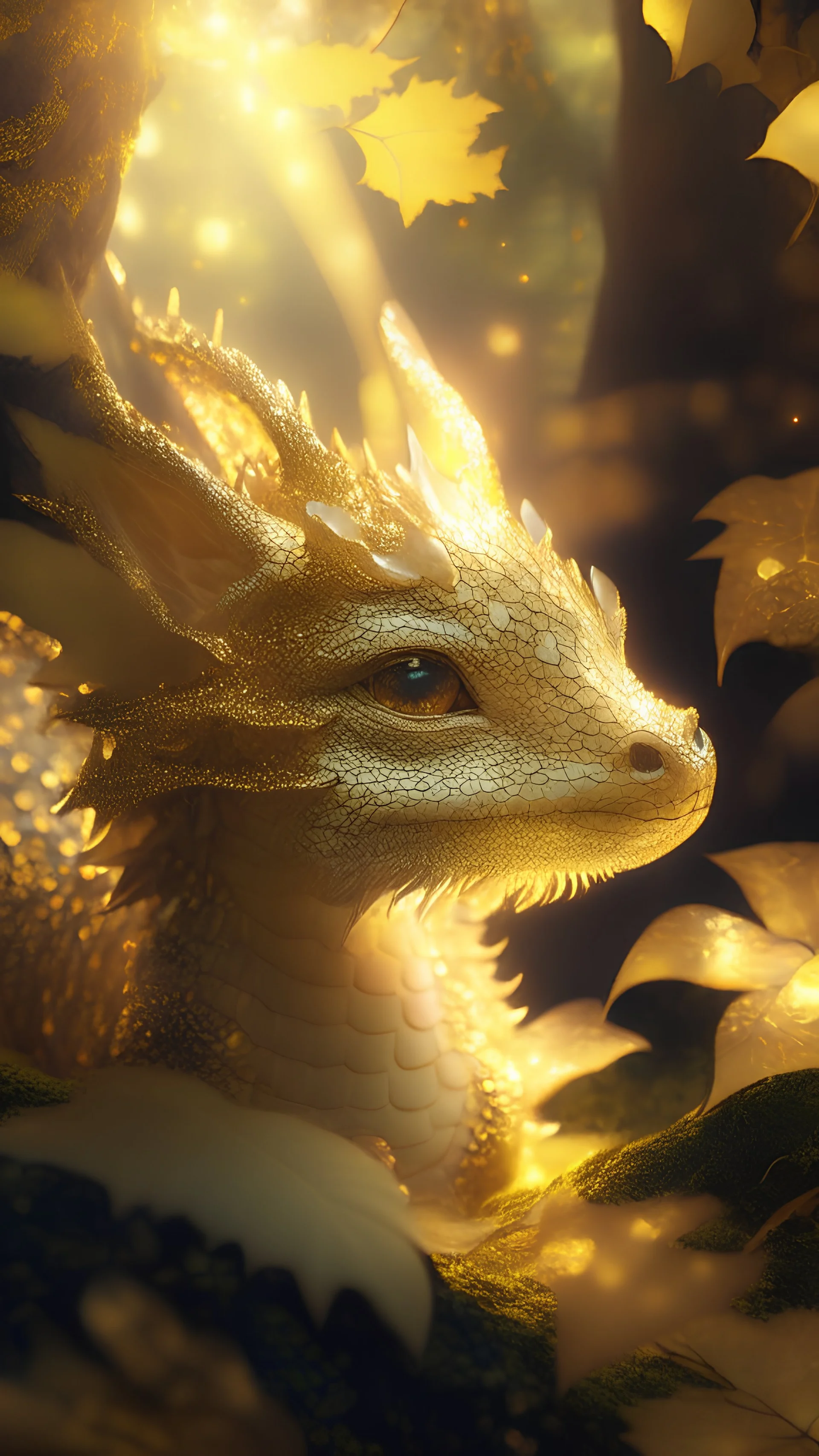 Photoreal close-up of enchanted baby dragon in a golden forest shrouded in sparkling luminescent mist.