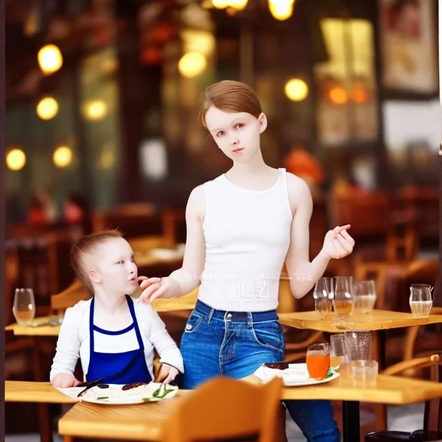 Realistic photo Russian shorthair beautiful 20-years tomboy boyish boylike young wife wide hips in restaurant with little daughter