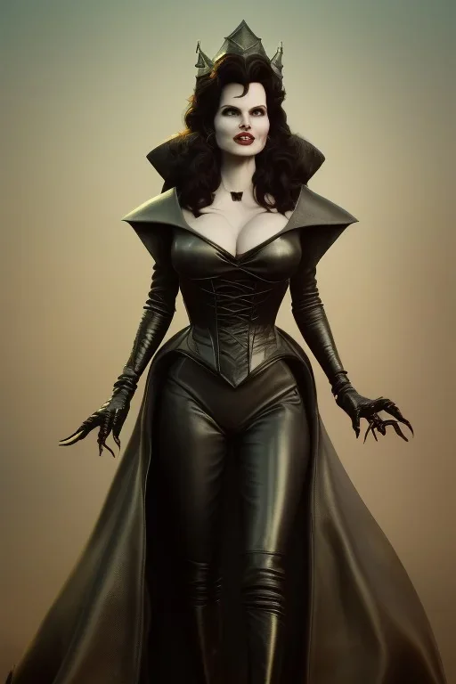 Geena Davis as evil queen in black leather, leather, busty, cleavage, angry, rage, stern look. character design by cory loftis, fenghua zhong, ryohei hase, ismail inceoglu and ruan jia. unreal engine 5, artistic lighting, highly detailed, photorealistic, fantasy