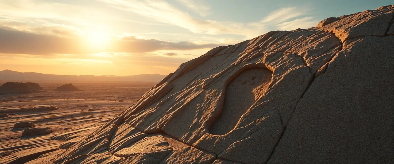 Scene: A wide desolate rocky landscape Action: One enormous imprint in the stone from a foot Lighting: Sunset or moonlight casting long shadows Caption placement: Floating above the scene or carved into stone
