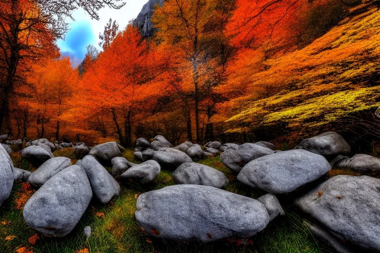 Epic cloud landscape, big rocks, autumn trees, Ultra hd, 4k, Photography, hyperrealistic