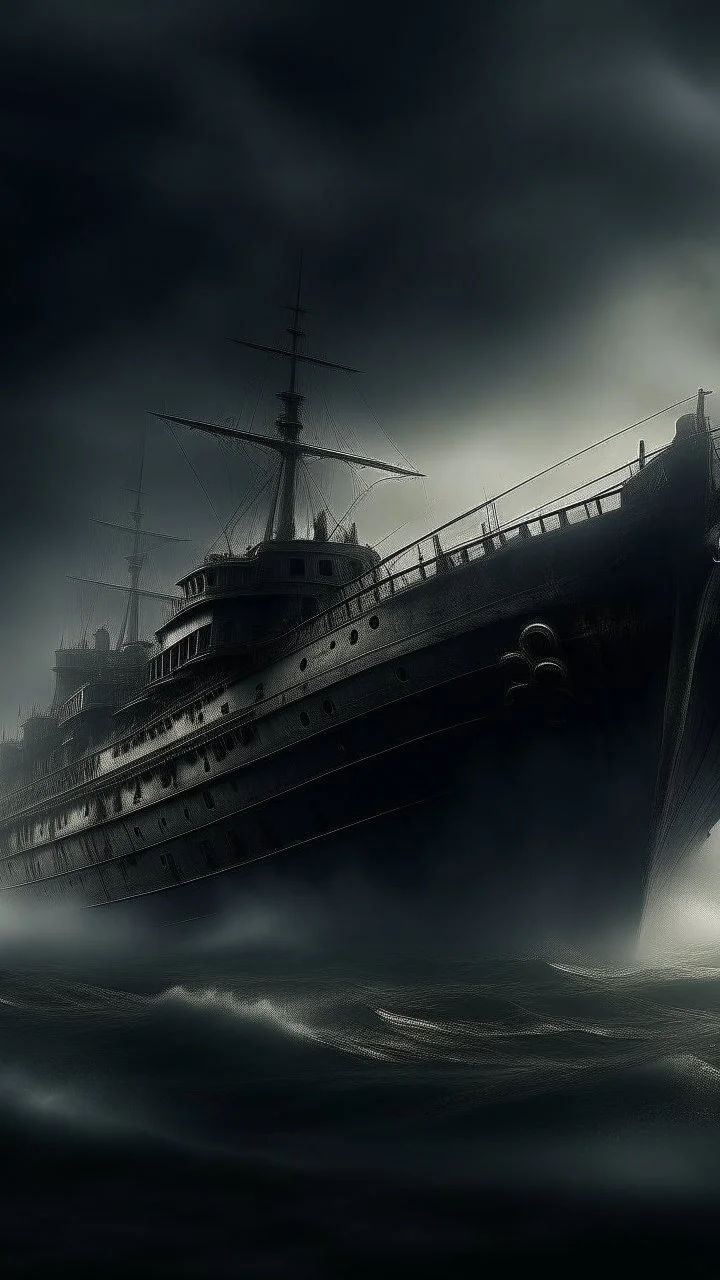 ,surrealism of the dark of a nightmare , hyper photorealistic, hyper detailed dark art color, high resolution, fog, octane render, tilt shift, HDRI Environment, all pictures dark gray, a torpedo hitting a ship