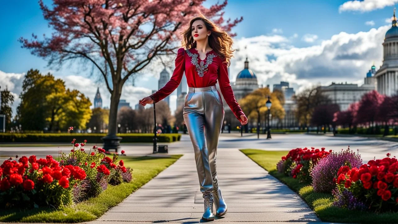 fullbody close up of 1 girl makeup wearing a dark red-silver victorian top and pants and pretty boots walking in moder city of 2040 park ,colorfull flowers ,pretty clouds in blue sky,city escape.