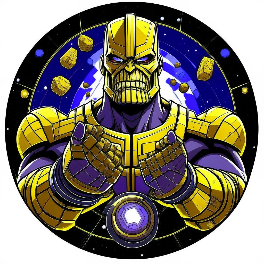 thanos with infinity gauntlet animated inside a medalion