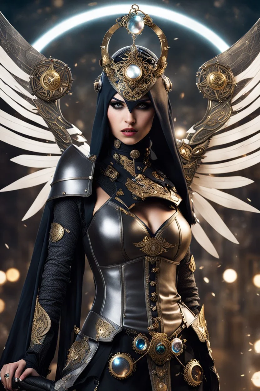 Fullbody of Steampunk armor, burka,beautiful angel wings, angry,malicious, goddess, warrior girl, crystal, broken glass, jewelry, ornements, half opened mouth, starcraft, magical orbe, cat eyes,white face,scifi, technology, photography