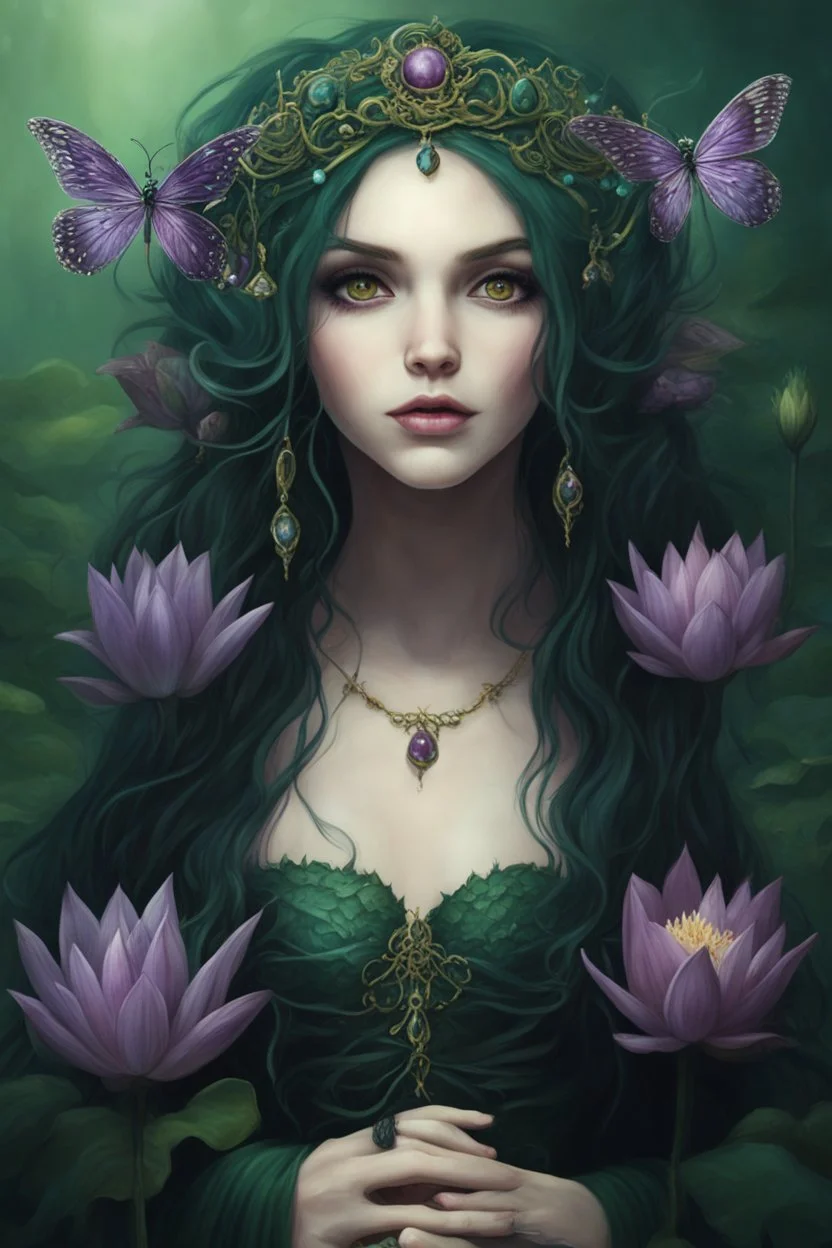 Dark green hair Water lilies long hair lotus night Fairy princess rapunzel hair queen crown dragonflies fireflies elven tiara flowers fairy wings gothic purple