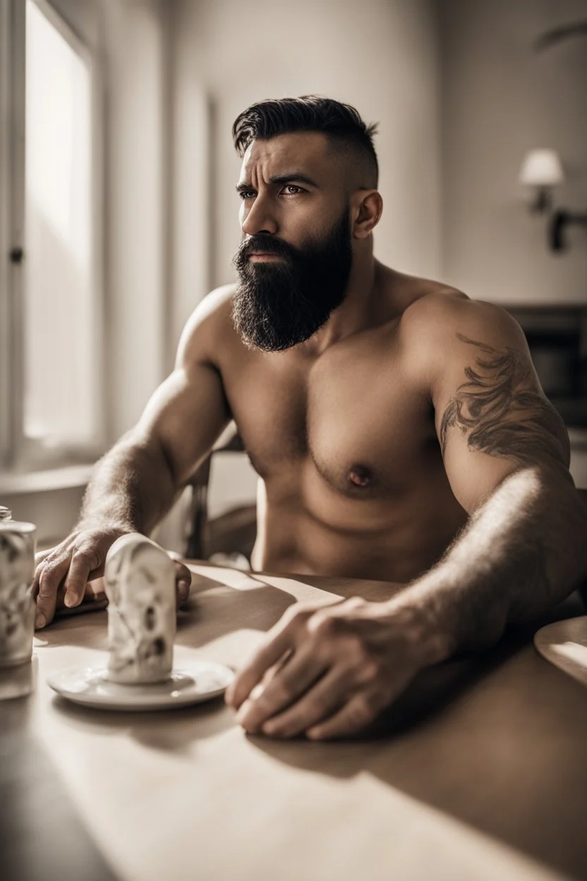 photorealistic half figure shot photography of an ugly 30 year old italian boxer with big broken nose, beefy masculine rude man, very long muslim black beard, shirtless, manly chest, big shoulders, side light, ambient occlusion, sitting on a table in a modern dining room at home, sun from window, emotive expression, shaved hair