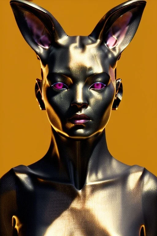 Medium Close Up Portrait, Front image. cyberpunk, rabbit mask, Afro woman, pink hair. Titanium dress. Red, black, gold, color. Punk style. Color background, photo studio. Avatar image, highly detailed, concept art, smooth, unreal engine 5, god rays, ray tracing, RTX, lumen lighting, ultra detail, volumetric lighting, 3d, finely drawn, high definition, high resolution.