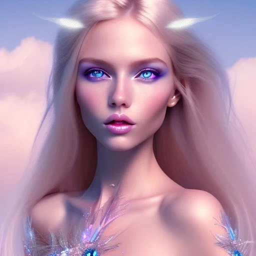  beautiful, soft, whide smile face, long blonde straight hair, blue eyes, fairy wings on the back, transparent crystal blue and pink background, big definition, 8K