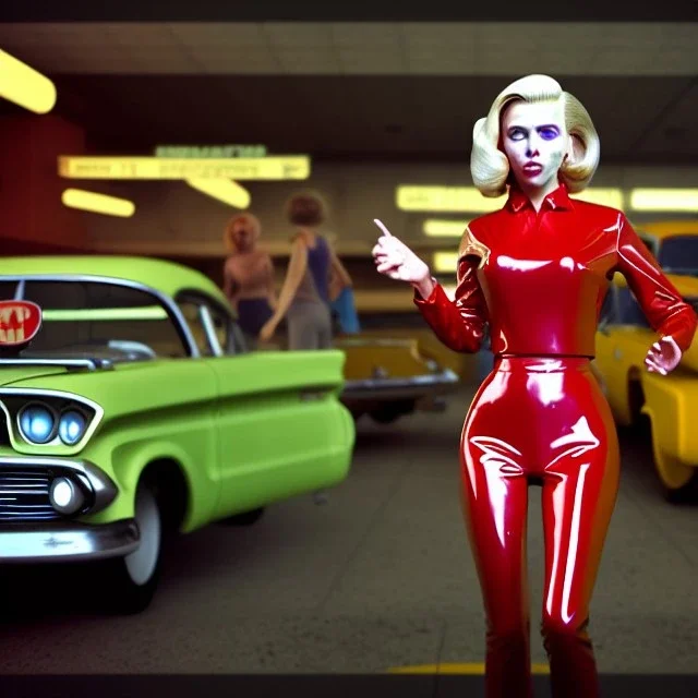 Ultra Realistic retro sci-fi afire Supermarket parking scene, 1960 year, many running people. blonde woman, sweet scarlet Johansson face, perfect iris, glow eyes, face makeup, tight latex coat; many panic people, Retro sci-fi style, soft color, highly detailed, unreal engine 5, ray tracing, RTX, lumen lighting, ultra detail, volumetric lighting, 3d, finely drawn, high definition, high resolution.