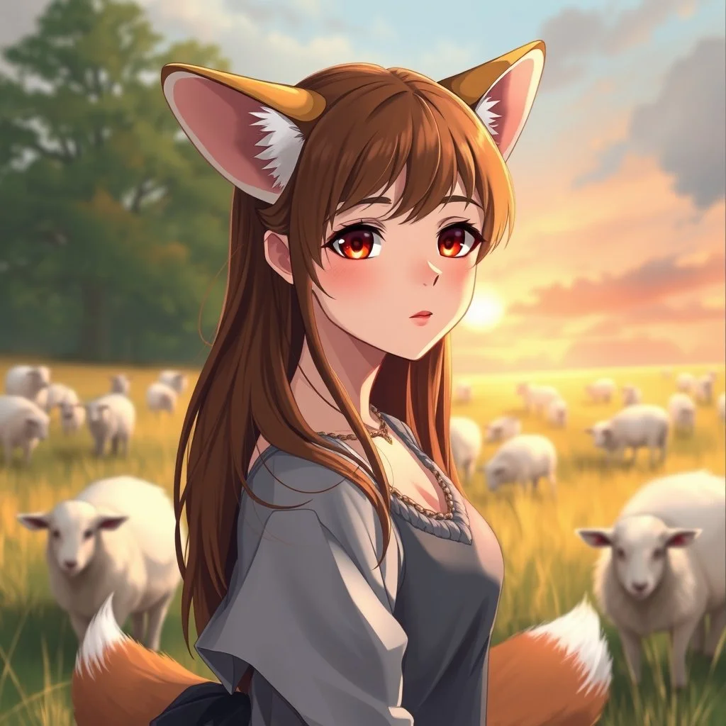 a young woman with long brown hair, red eyes, pale skin, corgi ears, a corgi tail, Greg Rutkowski, anime, sheep in a field for the background