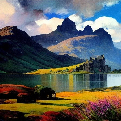 Drawing of 'Castle,mountain,lake,cloudy,scotland'painting by Earl Norem, simon Bisley,frazetta,西嘛哒, evan lee, Vallejo,kelly,Paul Gauguin oil on canvas, cinematic composition, extreme detail,fit full head inside picture,8k