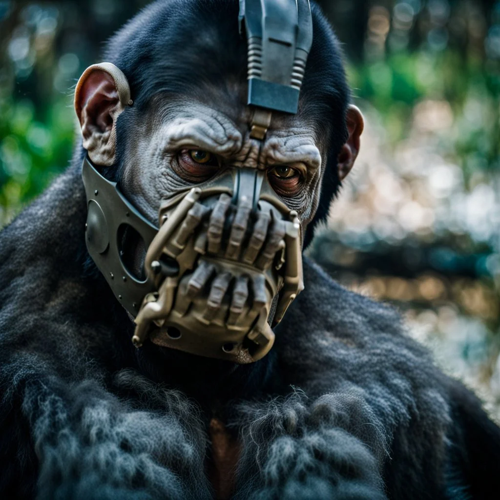 Cyborg, Ape, breathing device, gas mask, respirator Christopher Nolan, Dystopian, Extreme depth of field, bokeh blur, Alberta, all-natural, in the style of candid, imperfection, natural lighting, Fuji Film, Anamorphic lens