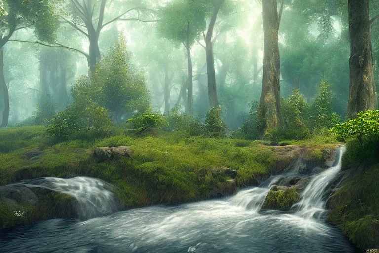 Photorealistic, a forest with a serene creek and little waterfalls