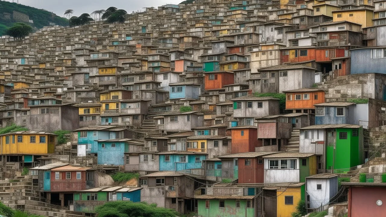 Urban landscape of a densely populated favela, featuring tightly packed multi-story buildings made of concrete, brick, and colored glass, with various makeshift extensions and corrugated iron roofs. The structures are painted in muted shades of gray and brown, with occasional pops of color, reflecting highly eclectic building styles. The background reveals a sprawling hillside covered with similar buildings, creating a sense of depth and scale.