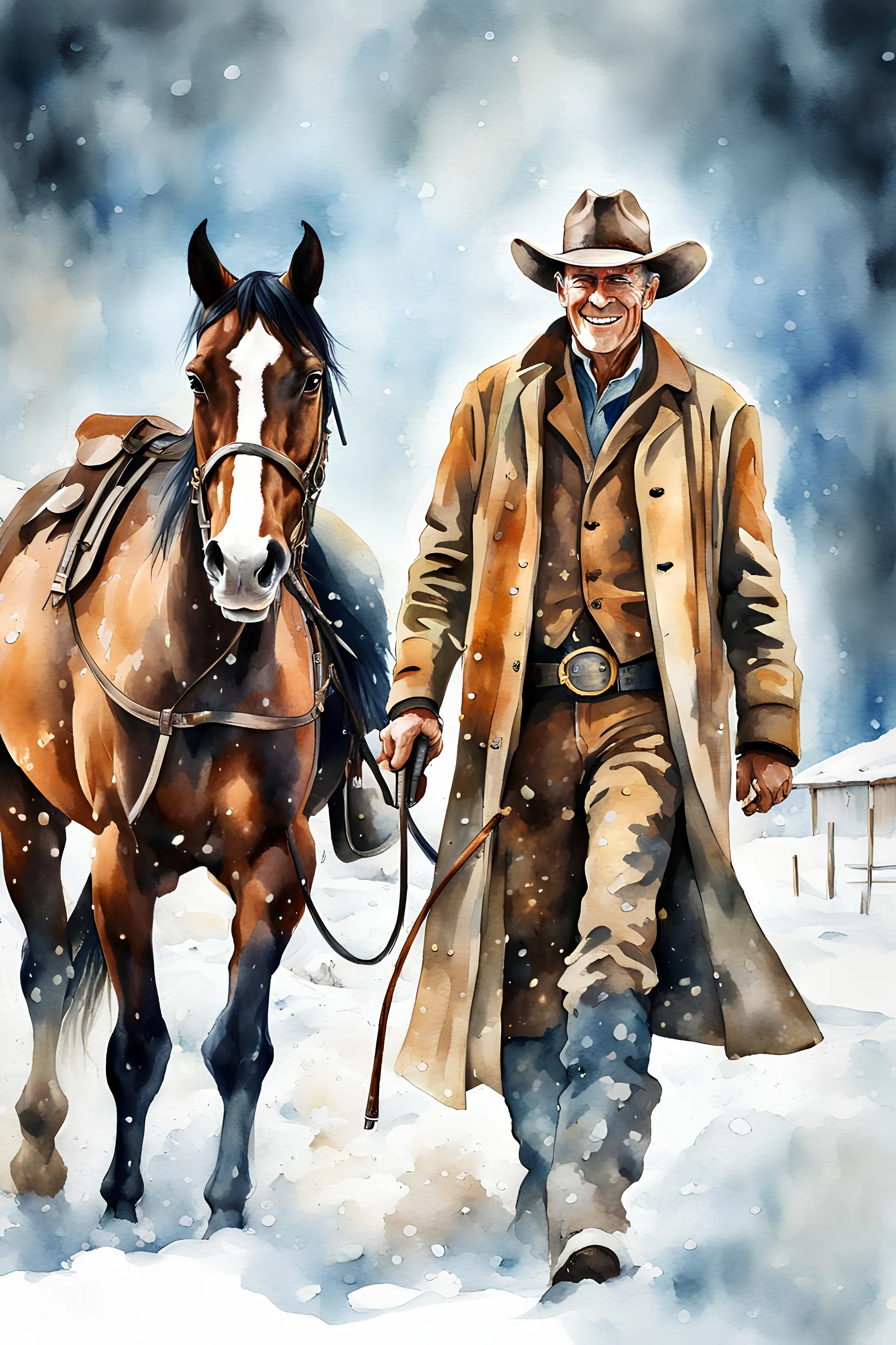 a multicolored, watercolor stained, wall in the background, inspired by all the works of art in the world - laughing - an old cowboy, wearing a cowboy hat and long, trench coat leads a horse through the snow, full body image, Absolute Reality, Reality engine, Realistic stock photo 1080p, 32k UHD, Hyper realistic, photorealistic, well-shaped, perfect figure,